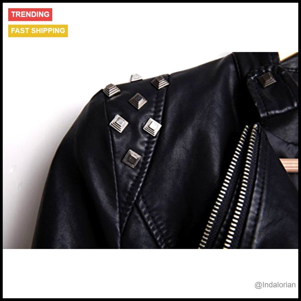 Faux Leather Biker Jacket Studded Moto Chic Vintage Y2K Streetwear Adjustable - Picture 4 of 6